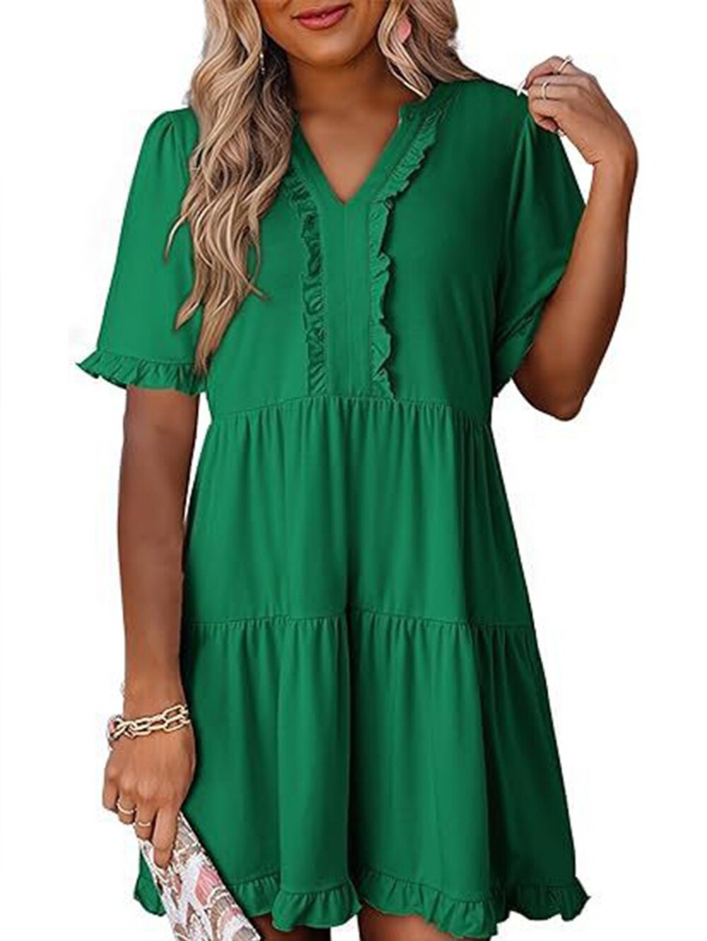 Tiered Ruffle V-Neck Dress in Green- Full & Plus Sizes